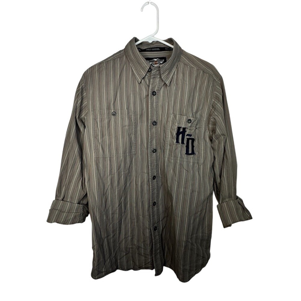 Harley-Davidson Button-Up Shirt Mens L Gray Striped Long Sleeve